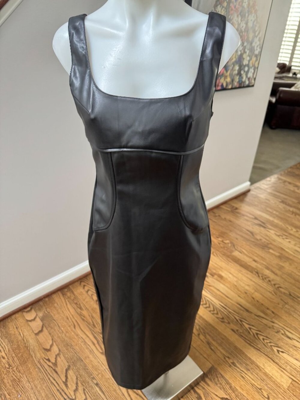 NWT Commense Faux Vegan Leather Seamed Sleeveless Midi Dress Black Medium
